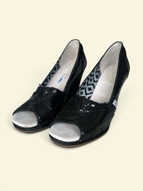 Toms Black Sequin Peep-Toe Wedge Shoes